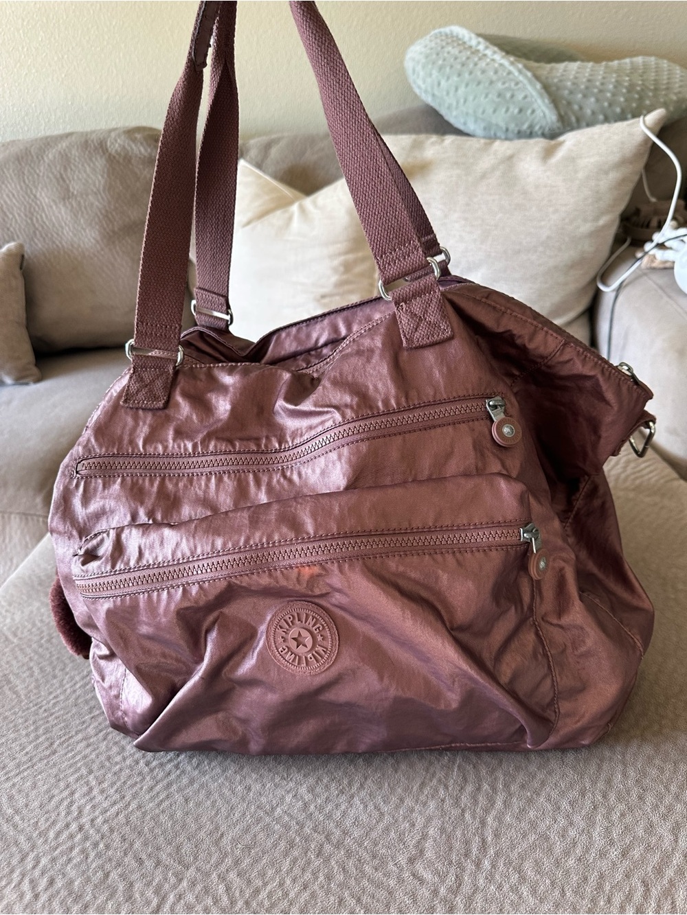 Kipling Metallic Mauve Shoulder Tote with Dual Zips